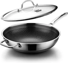 Wok Pan Hybrid 12 inch Wok with Lid Cover Stir-fry pans Nonstick Stainless Steel