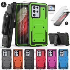 For Samsung Galaxy S21 Plus FE Ultra Case Hybrid Cover Belt Clip Tempered Glass