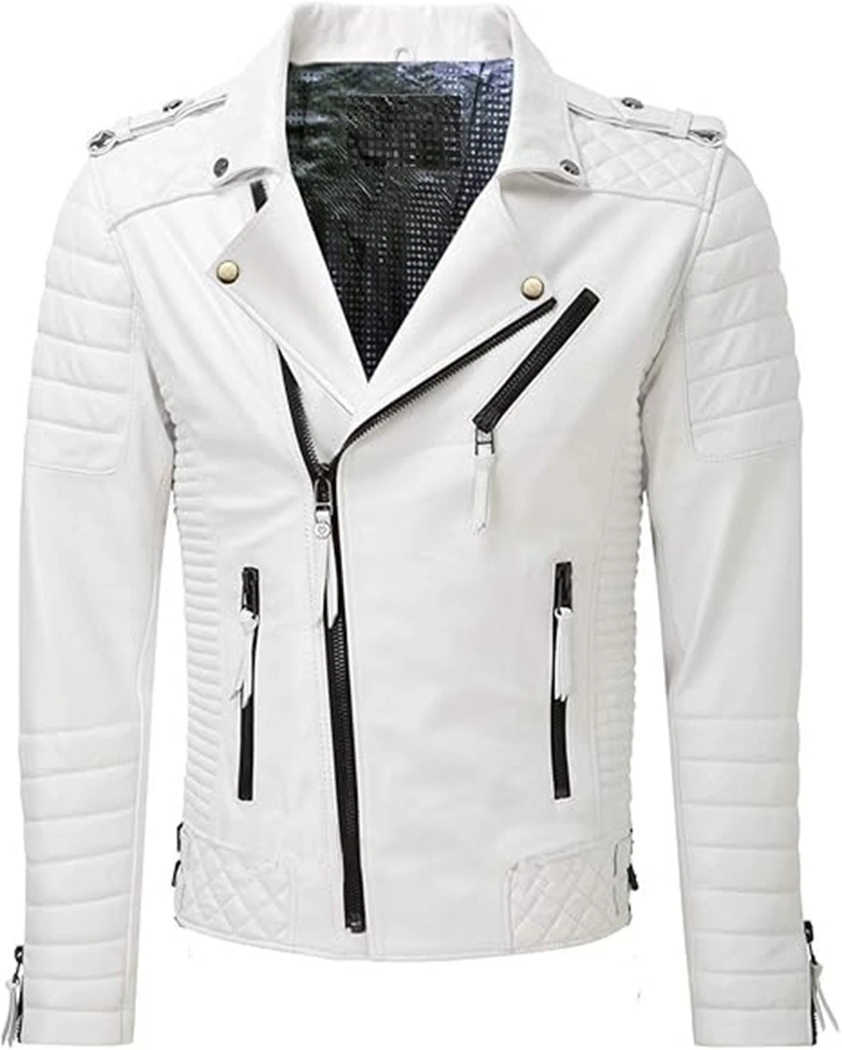 Men's Leather Jacket White Biker Real Bomber Genuine Motorcycle Mens Lambskin L