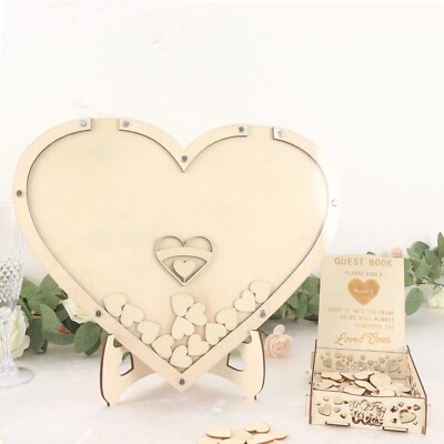 NATURAL 13'' Wooden Heart Drop Top FRAME Wedding Guest Book Sign Set Party Events