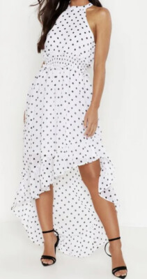 £32• BOOHOO • PETITE POLKA DOT HIGH NECK SHIRRED WAIST MAXI DRESS Sz -6  UK UK
