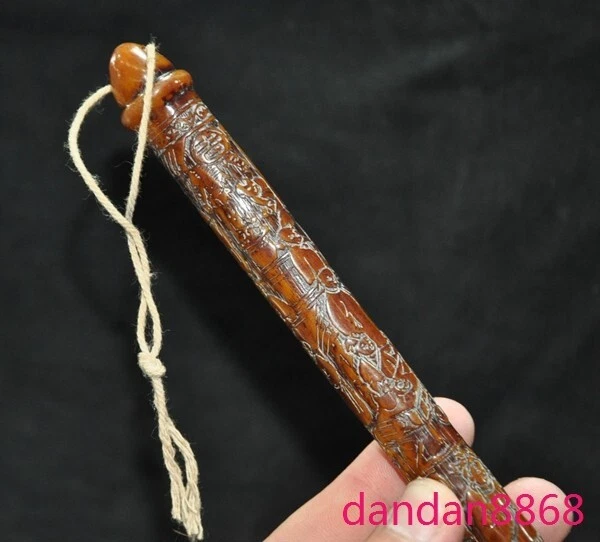 11" China Antiguo Ámbar Tallado Viejo Hombre Caligrafía Herramientas Pincel de Escritura Estatua Foto 2 de 4