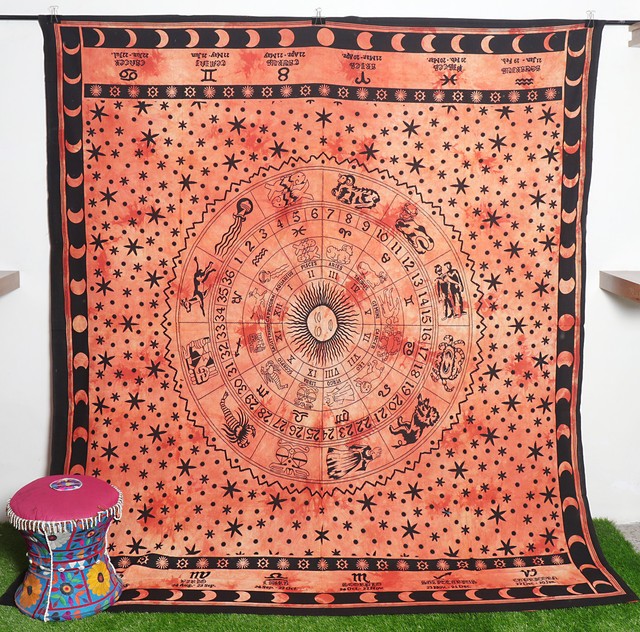 Queen Size Mandala Tapestry Orange Zodiac Print Decorative Wall