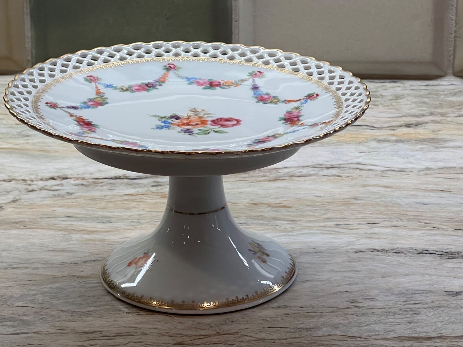 Schumann Porcelain Pierced Pedestal Footed Plate Compote Floral Bavaria Dresden