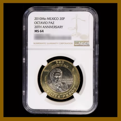 Mexico 20 Pesos Coin, 2010 Bimetallic 20th Annive. Octavio Paz NGC MS 64