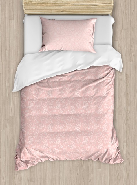 Pale Pink Duvet Cover Set With Pillow Shams Cute Flowers Spiral