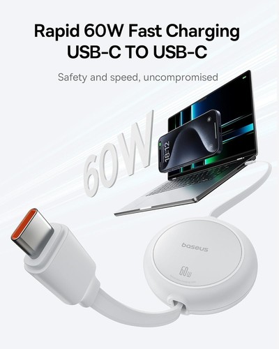 Baseus 60W Ultra Mini Retractable USB C to USB C PD 3A Fast Charging Cable - Picture 2 of 10