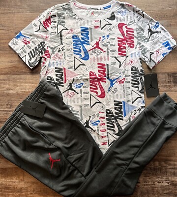 NWT Nike Air Jordan Boys YXL Black/White/Multi All Over Print Jogger Set XL