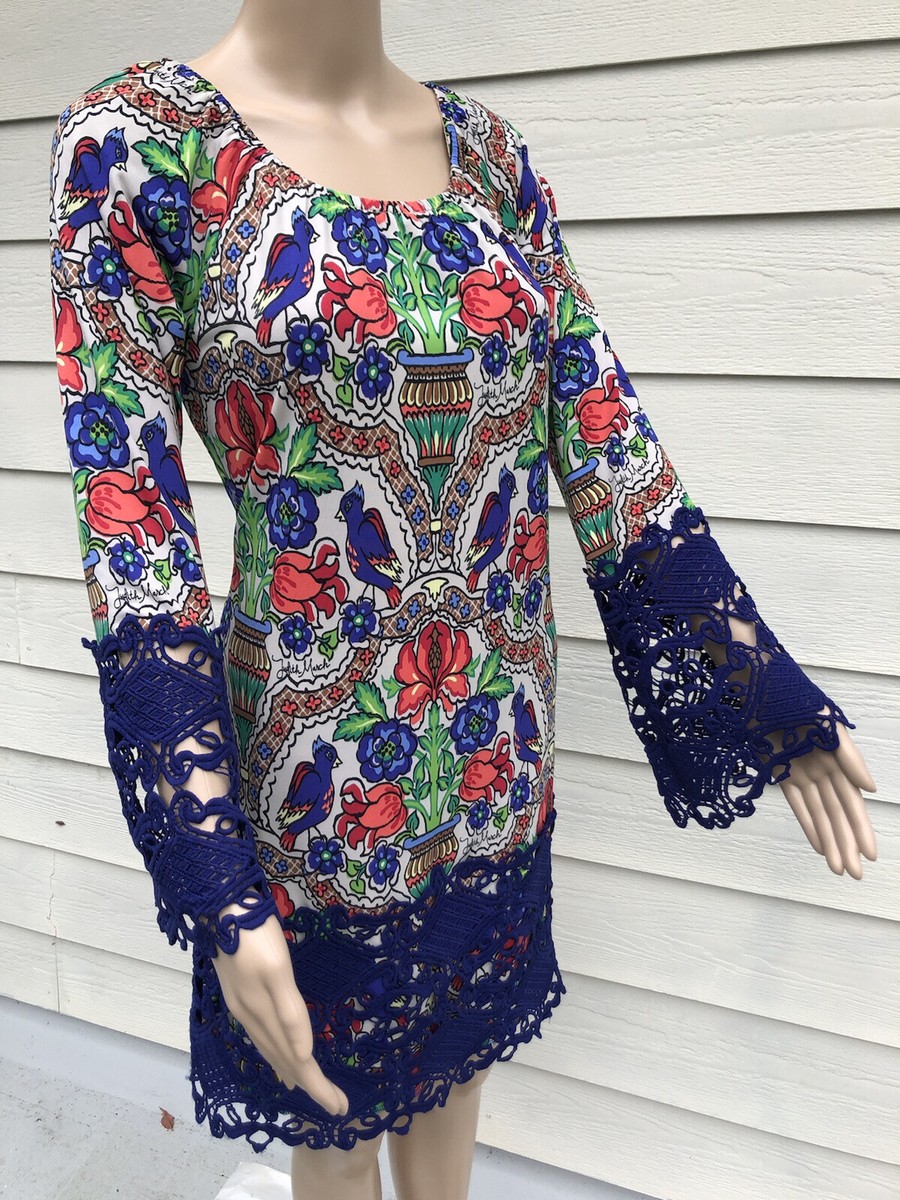 Judith March L Multi Color Floral Bird Crochet Lace Bell Sleeve Dress
