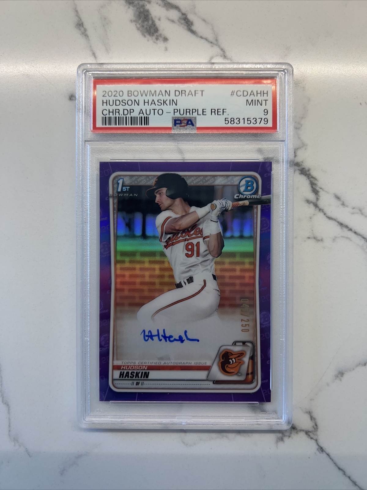 Hudson Haskin 2020 Bowman Draft 1st Chrome Purple Refractor Auto 040/250 PSA 9