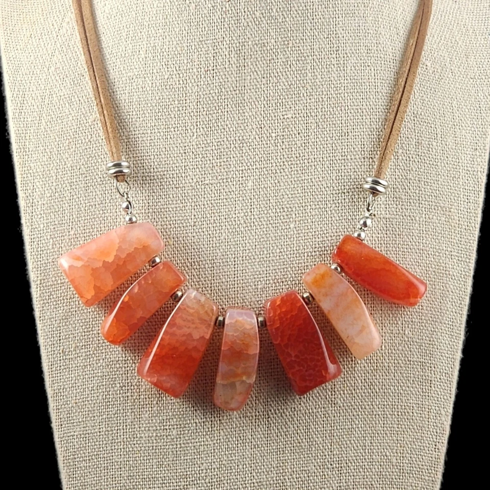 Boho Agate Carnelian Statement Necklace Leather Pink Orange Gemstone Jewelry 20" - Image 2 of 4