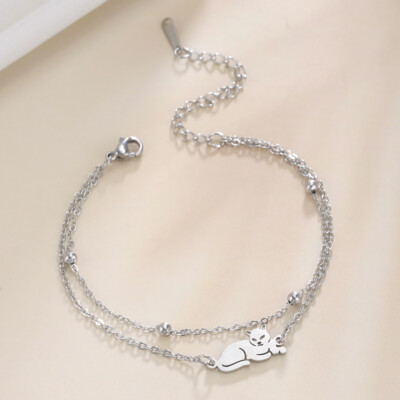 Katze Bettelarmband Silber Armreif Damen Mädchen Edelstahl Schmuck Geschenk