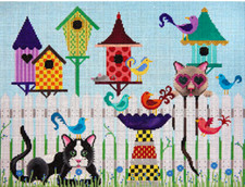 Needlepoint HandPainted JP Needlepoint Birds of Feather and Cats Together 11x14