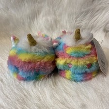 Wonder Nation Plush Rainbow Unicorn Slippers Girls Size 5-6 Fuzzy Slip On Shoes