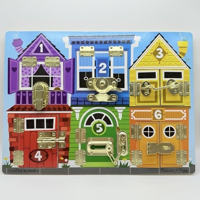 Melissa Doug Latches Board with Doors Wood Metal Hardware Numbers Animals 16x12''
