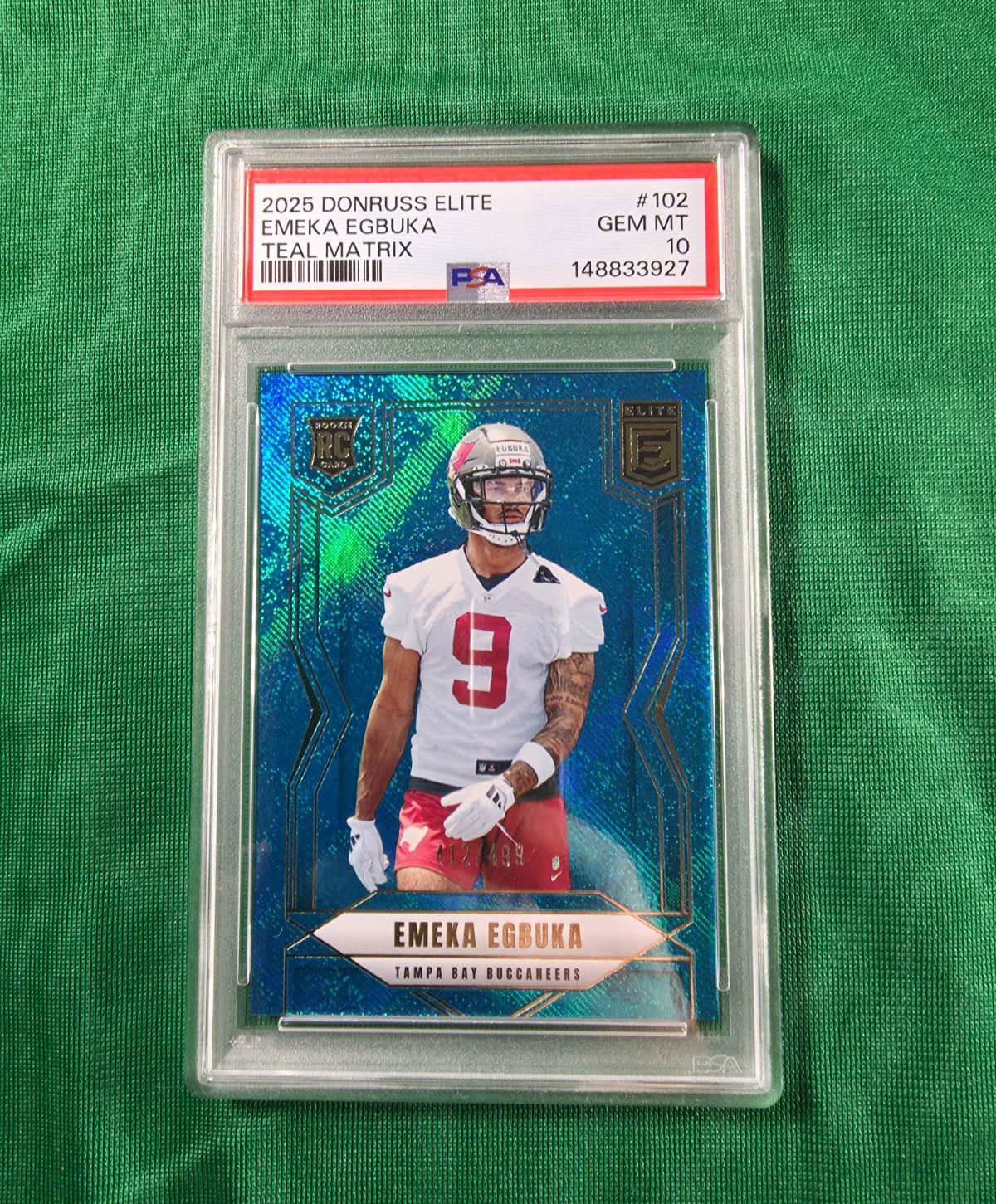 2025 Donruss Elite Emeka Egbuka Teal Matrix /499 #102 Tampa Bay Bucs PSA 10