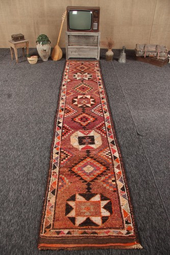 2,7x13,5 ft Vintage Rug, Turkish Runner Rug, Red Brown Oriental Rug