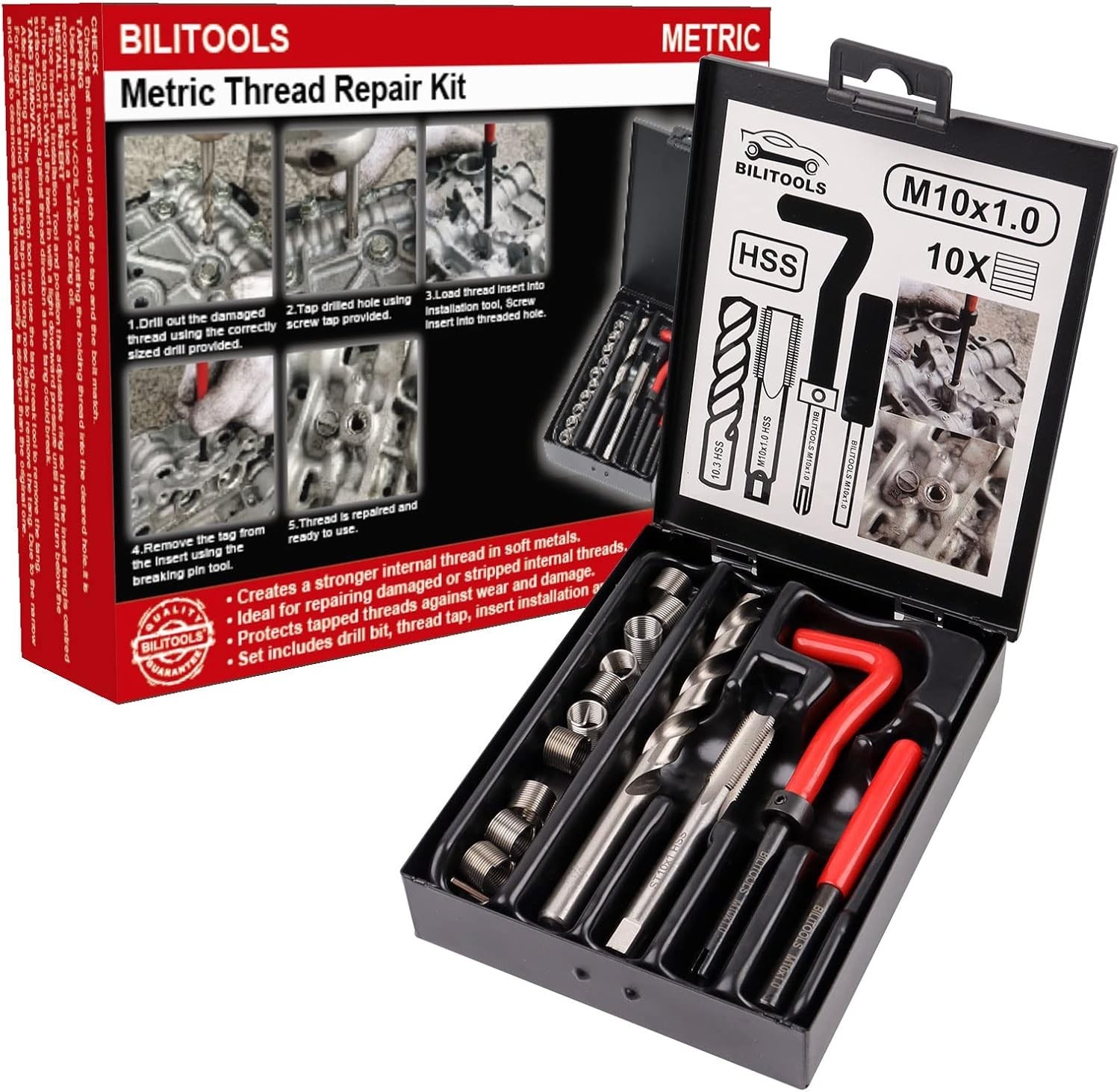 BILITOOLS M10X1.0 Thread Repair Kit, HSS Drill Helicoil Repair Kit Metric