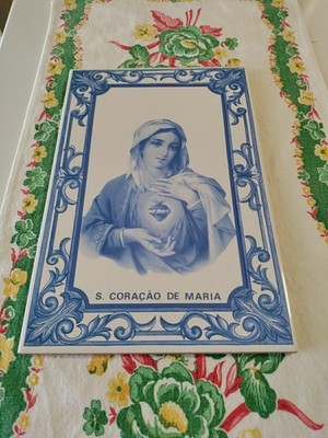 Vintage Tile Of The Immaculate Heart Of Mary, S. Coracao De Maria/Blue & White