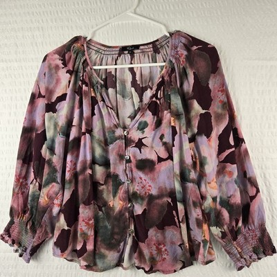 Rails Mariah Magenta Verbena Floral Smocked Blouse Size M Cottagecore Boho