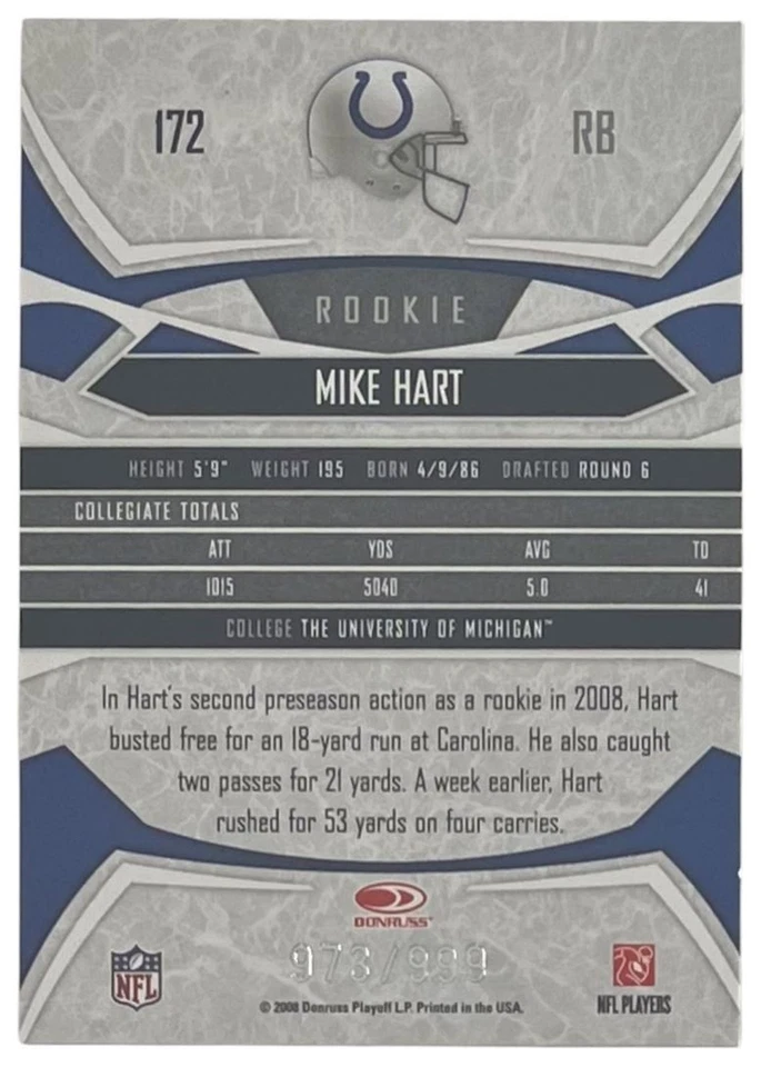 2008 Donruss Gridiron Gear #172 Mike Hart RC Indianapolis Colts /999 - Image 2 of 2