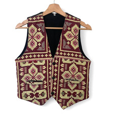 Vintage Cotton Waistcoat Women's Small Tapestry Burgundy Festival Boho Retro