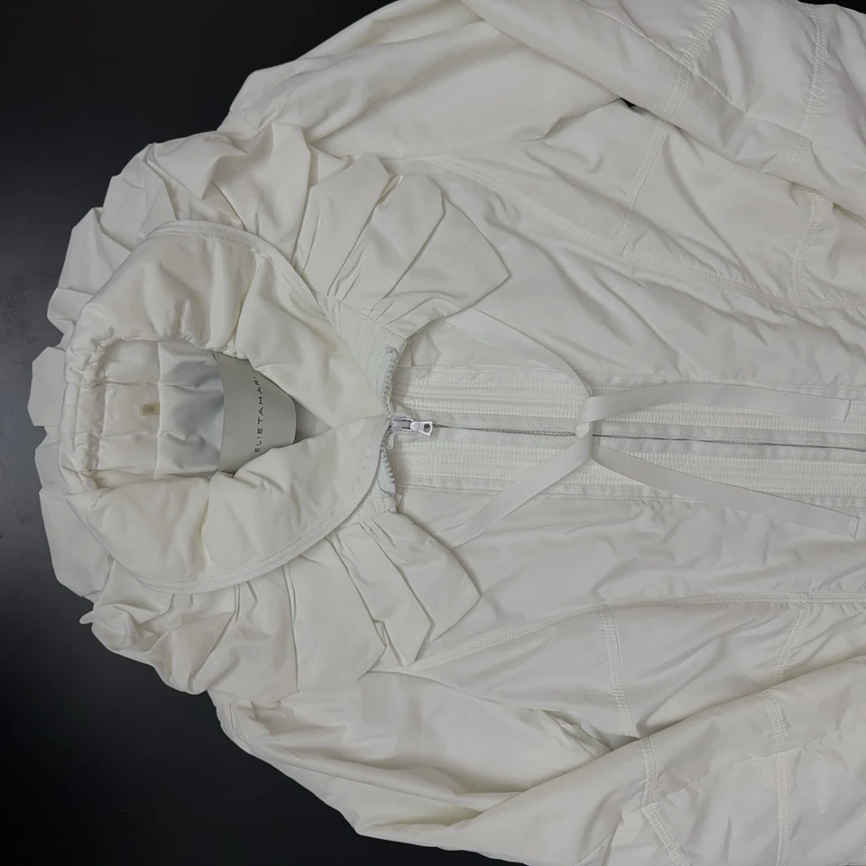 Elie Tahari White Utility Jacket Anorak Ruffle Drawstring Long Old Money Pleat M - Image 4 of 4
