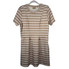 Elie Tahari Striped Scuba Knit Dress Short Sleeve Beige White Cinch Waist Small