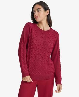 Calvin Klein Metallic Cable-Knit Sweater Women's XS Cranberry Crewneck Pullover