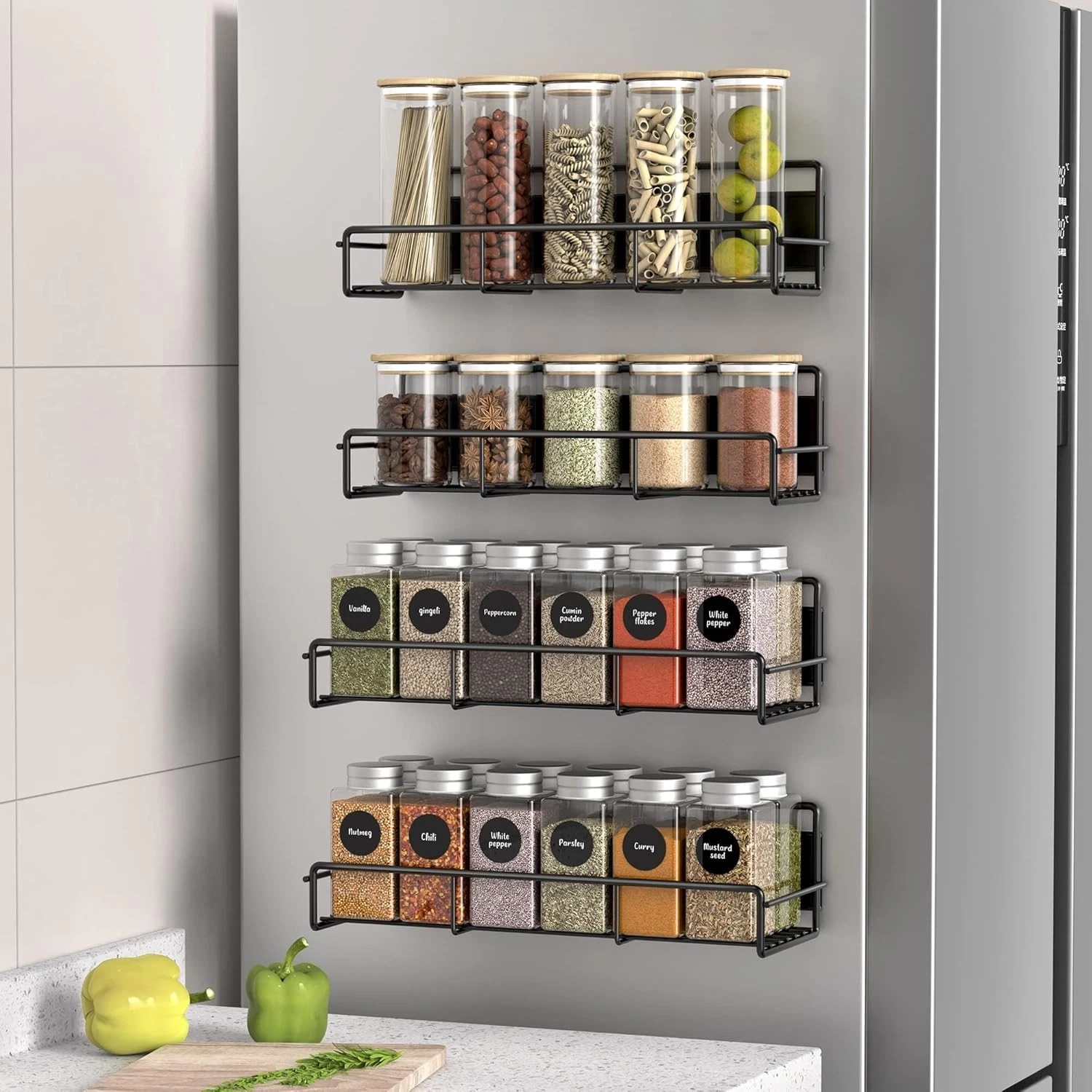 4 Pack Magnetic Spice Rack Organizer for Refrigerator and Microwave Oven, Metal