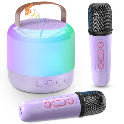 Mini Karaoke Machine for Kids Adults Portable Bluetooth Speaker Purple 2 Mics