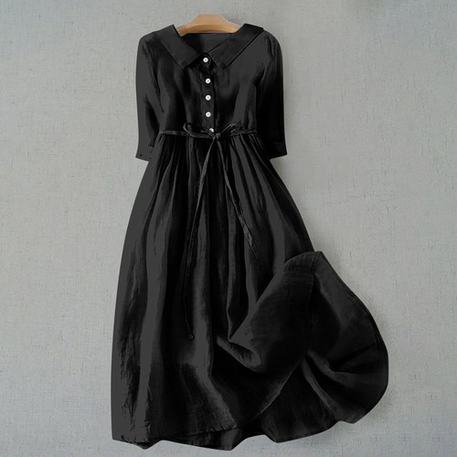 Womens Solid Pleated Tied Dress Summer Lapel Button Cotton Long Casual Dress - Bild 19 von 26