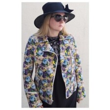 Msgm Women's Cotton Yellow Floral Moto Biker Zip Up Jacket Tan Purple Size 4