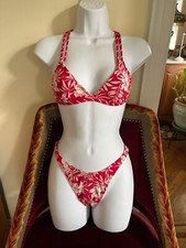 Red and White Floral Print Bikini - 2 Pc Tie Top  Partial Coverage Bottom M