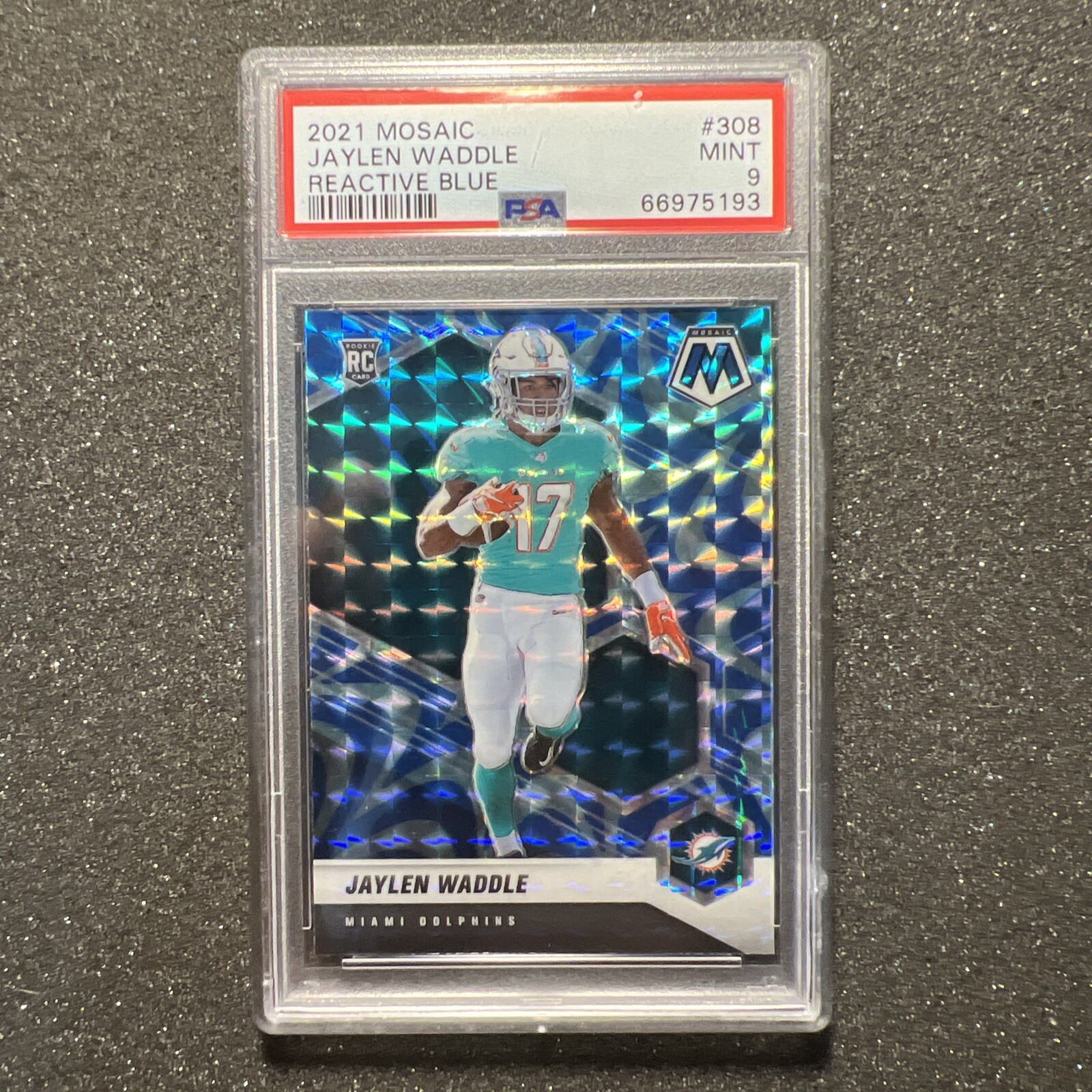 2021 Mosaic JAYLEN WADDLE #308 Reactive Blue Holo ROOKIE - GRADED PSA 9