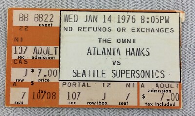 NBA 1976 01/14 Seattle SuperSonics at Atlanta Hawks Ticket-John Drew 39p/14r/4a!
