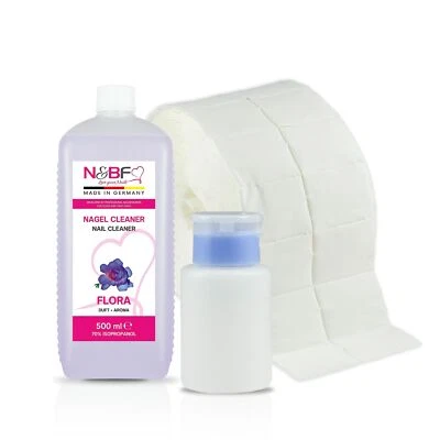 NAILS & BEAUTY FACTORY N&BF Nagel Cleaner Flora 500ml Iso 70% 1000 Zelletten 150ml Dispenser Blau