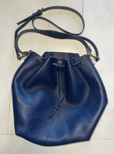 Mark & Graham Daily Bucket Tote Leather navy blue mono JS photo shoot sample