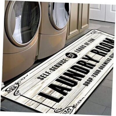 White-2 Farmhouse Laundry Room Rug Runner, Laundry Room Rug Non-Slip, Floor 