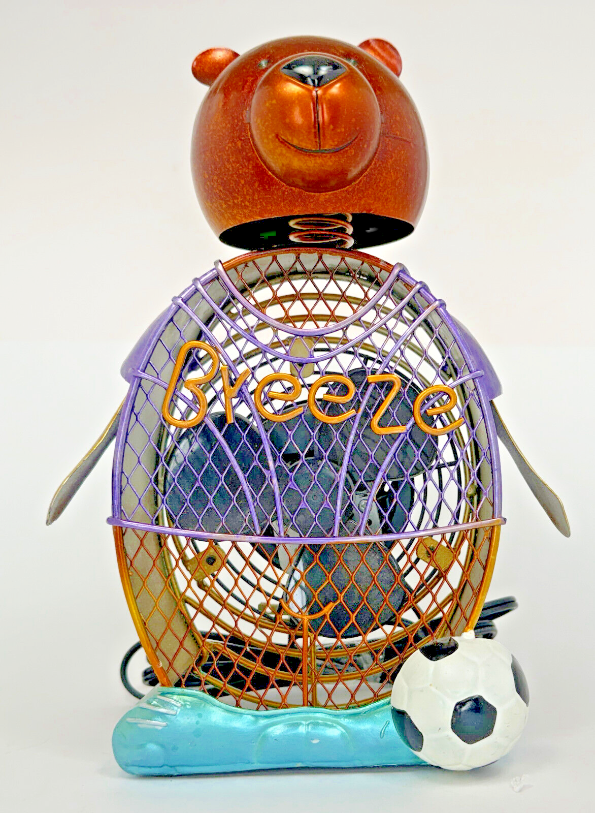 Bobble Head Bear with Electric Fan Soccer Ball Deco Breeze Figurine-image
