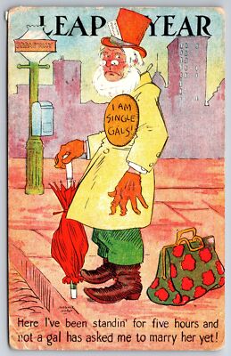 August Hutaf~Comic~Leap Year~Old Man On City Corner~Badge~I Am Single Gals!~1908