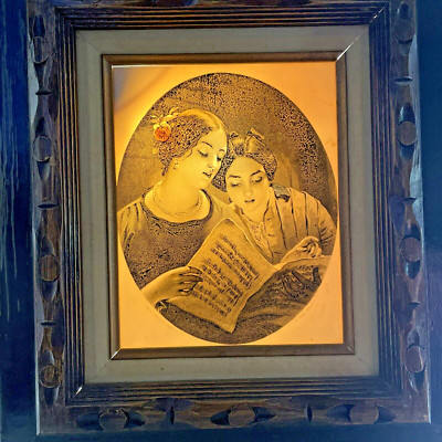 Vintage Wood Framed Porcelain Etching Art THE DUET James Sant F / Hill Sculpt