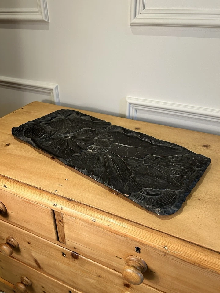 Antique 19th Meiji Century Ebonised Japanese Carved Hardwood Lotus Flower Tray - Image 4 of 4