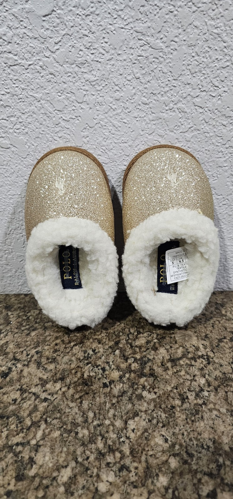 PANTOFOLA D’ORO Pantofole bambino Polo Ralph Lauren oro glitter Charlotte Scuff taglia 5