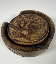 Vintage Cat Coasters Carved In Wood - 4 wooden coasters Cat + Bird design