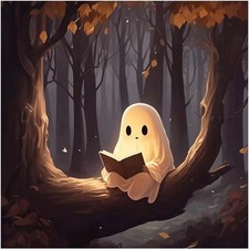 Adorable Ghost Reading a Book in the Woods 5D Diamond Drill Dot Art Painting Kit