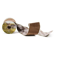 Mackenzie Childs Mocha check fabric wire dbl-sided 4" ribbon 5 yards NEW! unused