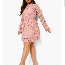 Boohoo Plus Guipure Lace Skater Dress Blush Pink Long Sleeve Size 12 NWOT