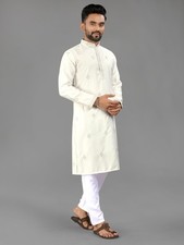 Men's White Embroidered Kurta Indian Traditional Wedding Festive Party Wear