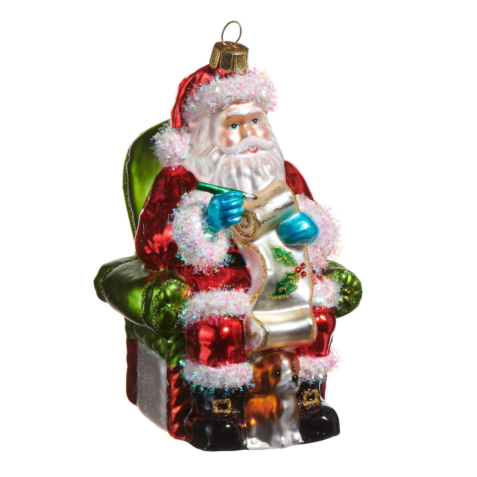 Santa In Chair with Dog Glass Ornament 5